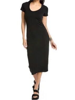 James Perse Black Short-Sleeve Ribbed Scoop Neck Cotton Midi Dress, Size 2 (Med)